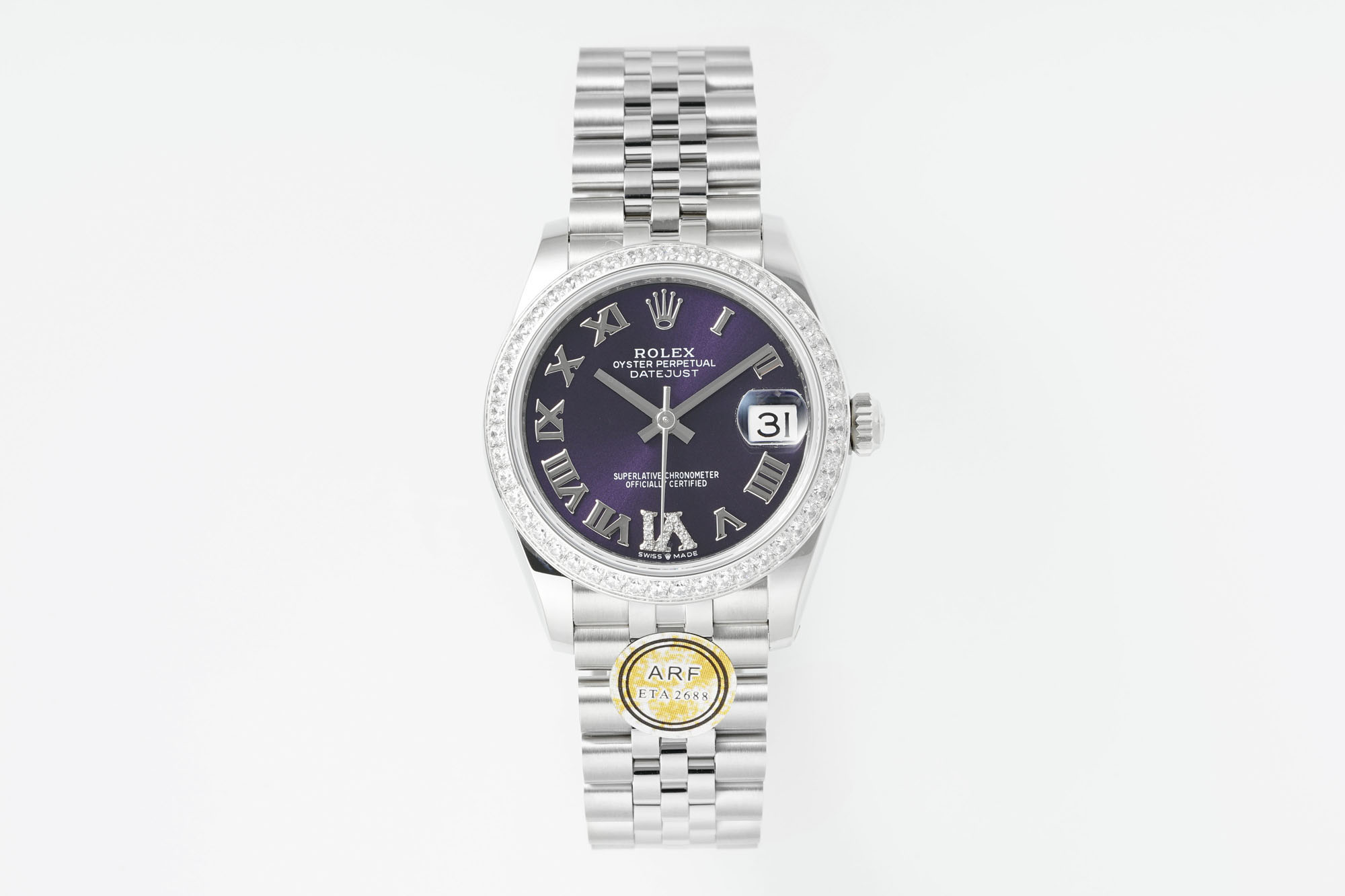 Rolex Datejust Purple Roman Dial Diamond - Set Bezel Stainless Steel Watch, 31mm, ETA 2688 Movement