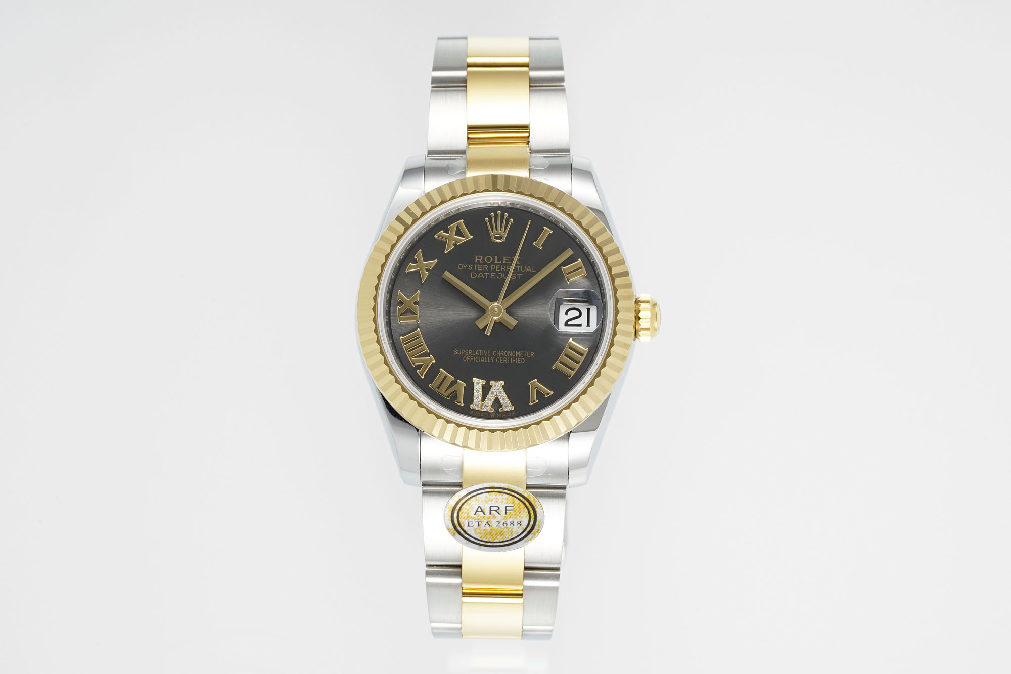 Rolex Datejust Grey Roman Dial Diamond - Set Two - Tone Watch, 31mm, ETA 2688 Movement