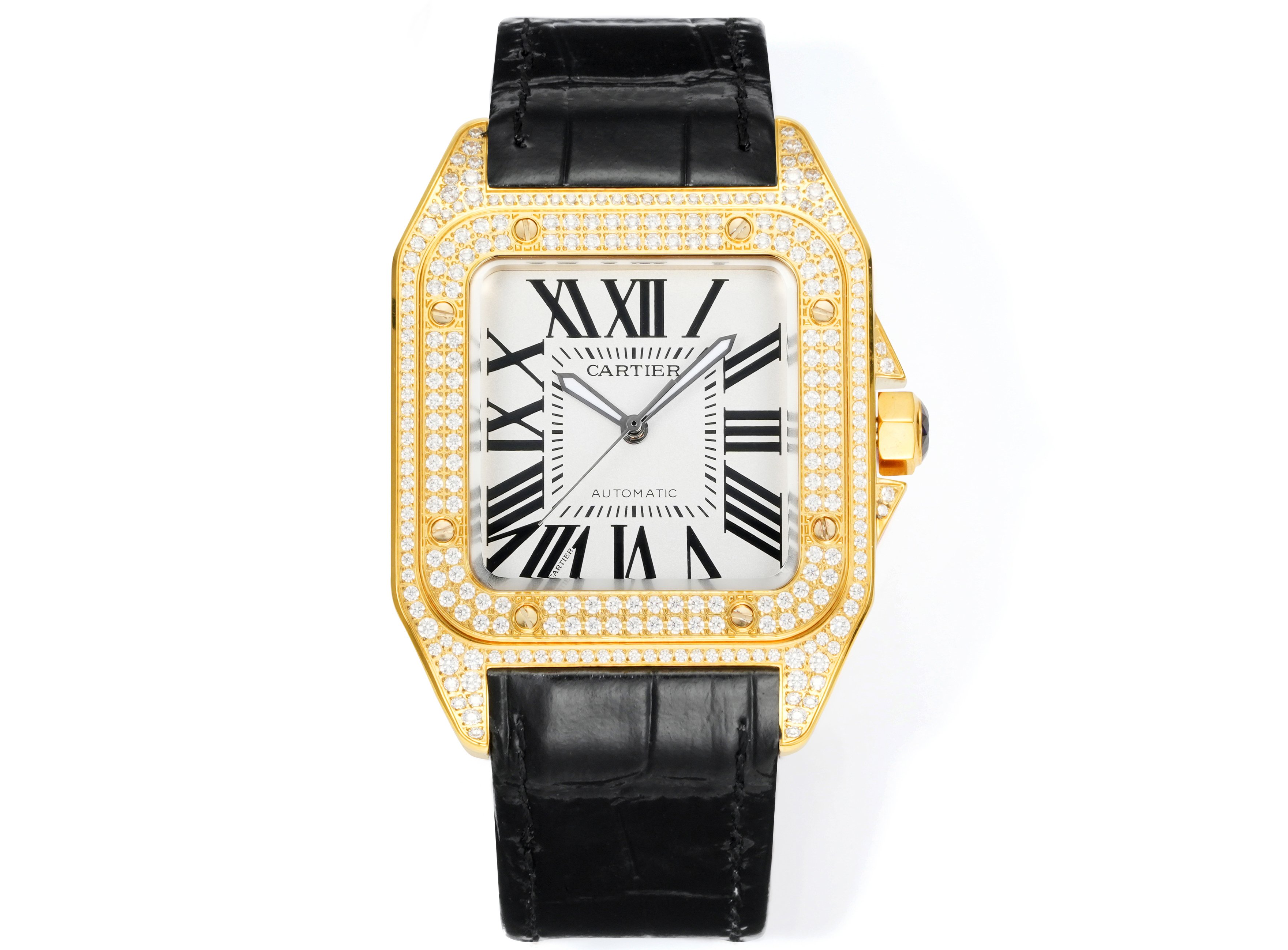 Cartier Santos 100 Diamond - Set White Dial Yellow Gold Watch, 38mm×38mm, Automatic Movement