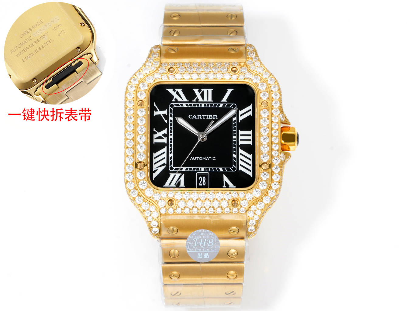 Cartier Santos Diamond - Set Black Dial Yellow Gold Watch, 39.8mm, Automatic Movement