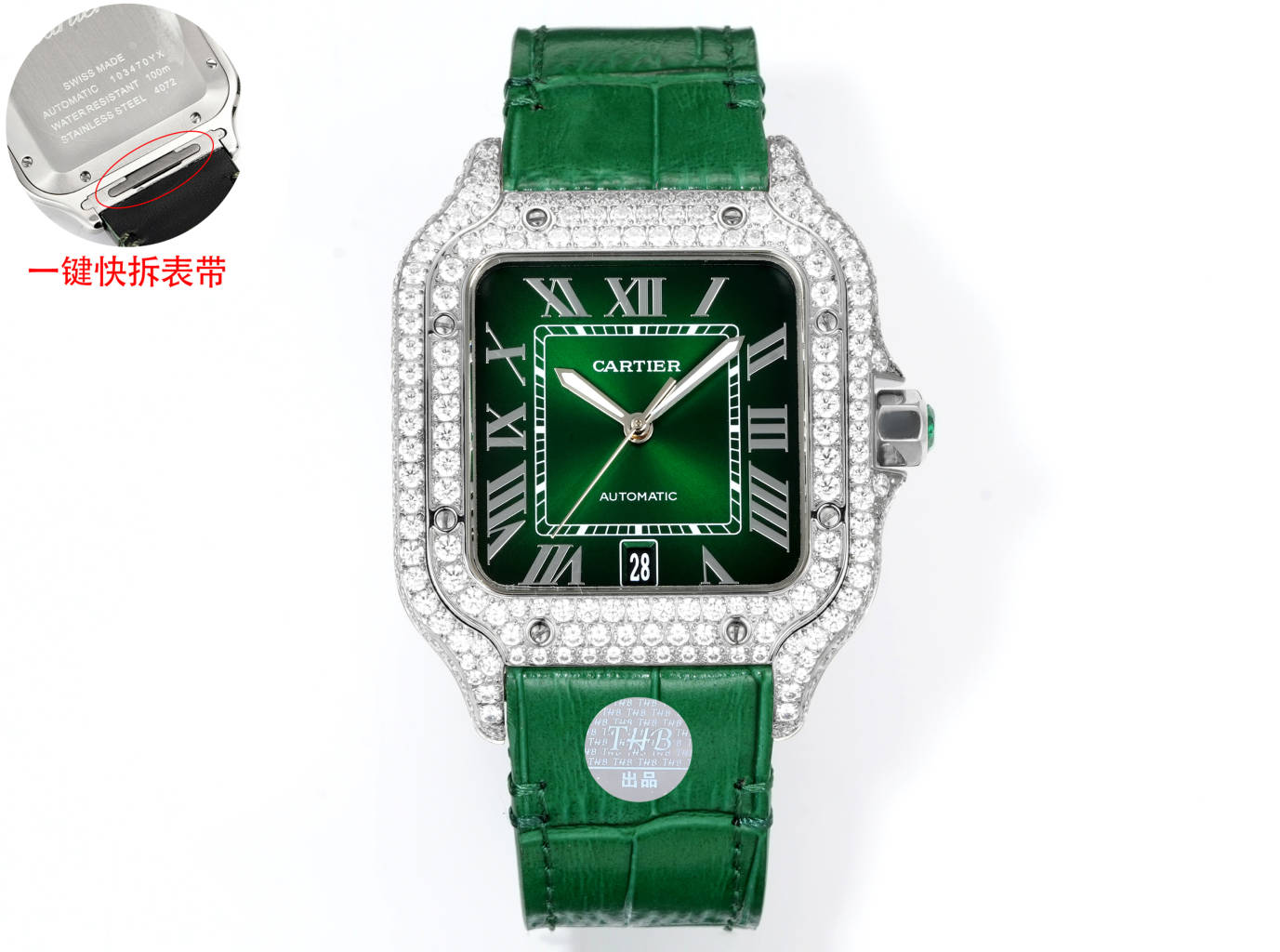 Cartier Santos Diamond - Set Green Dial Stainless Steel Watch, 39.8mm, Automatic Movement