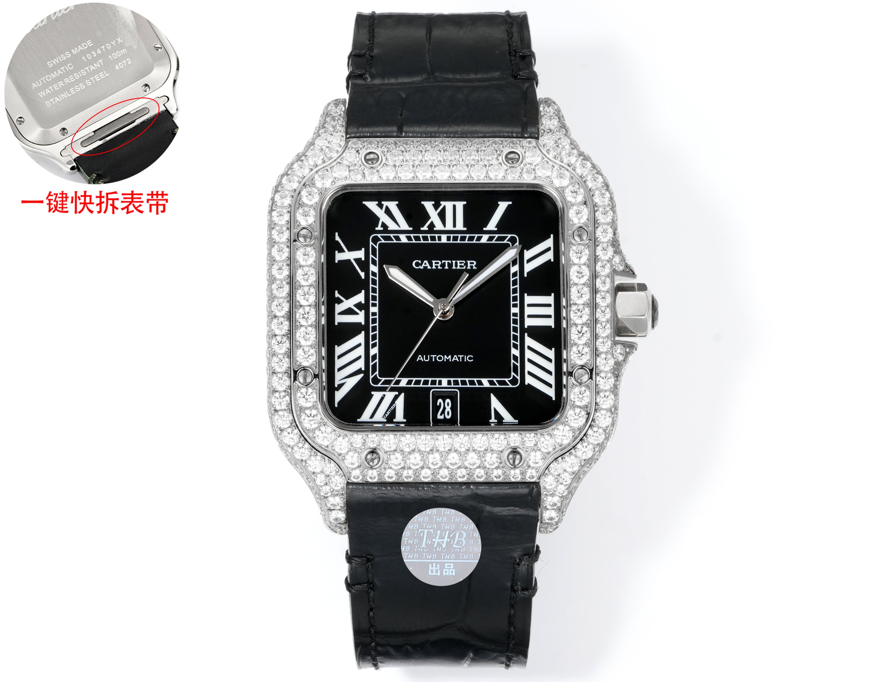 Cartier Santos Diamond - Set Black Dial Stainless Steel Watch, 39.8mm, Automatic Movement