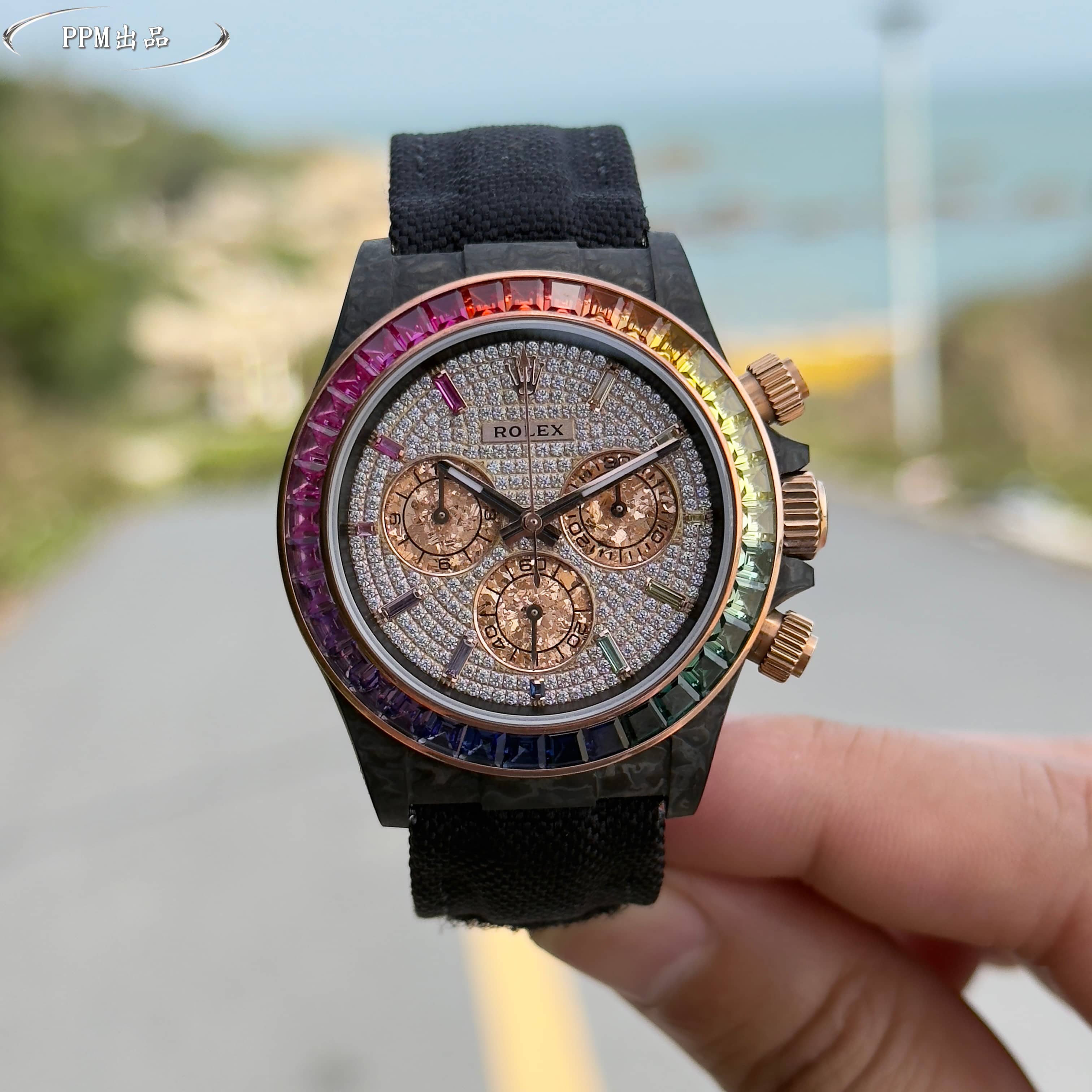 Rolex Daytona Rainbow Bezel Diamond Dial Carbon Watch, 40mm, Automatic Movement