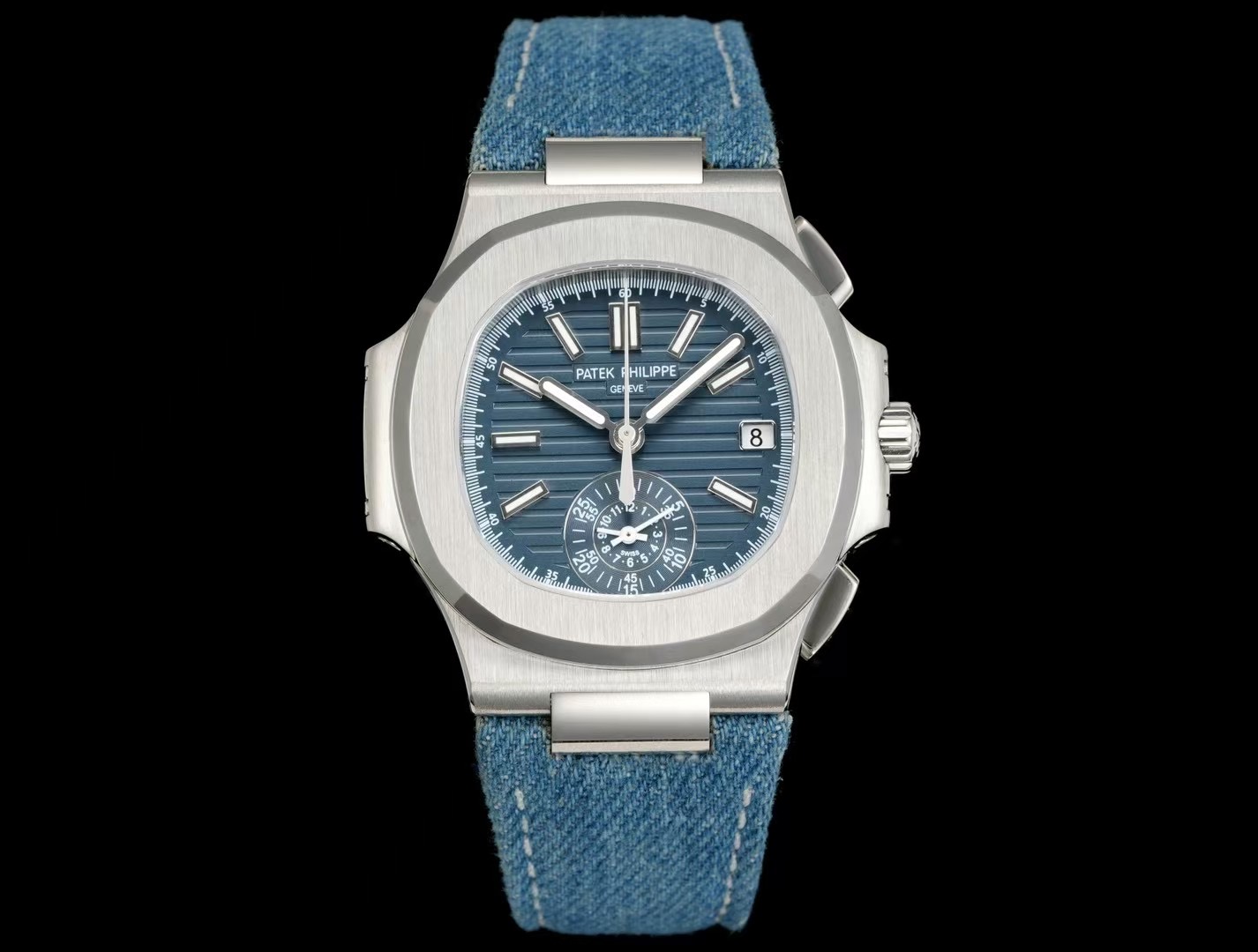 Patek Philippe Nautilus Blue Dial Stainless Steel Watch with Denim Strap, 40mm, Automatic Movement