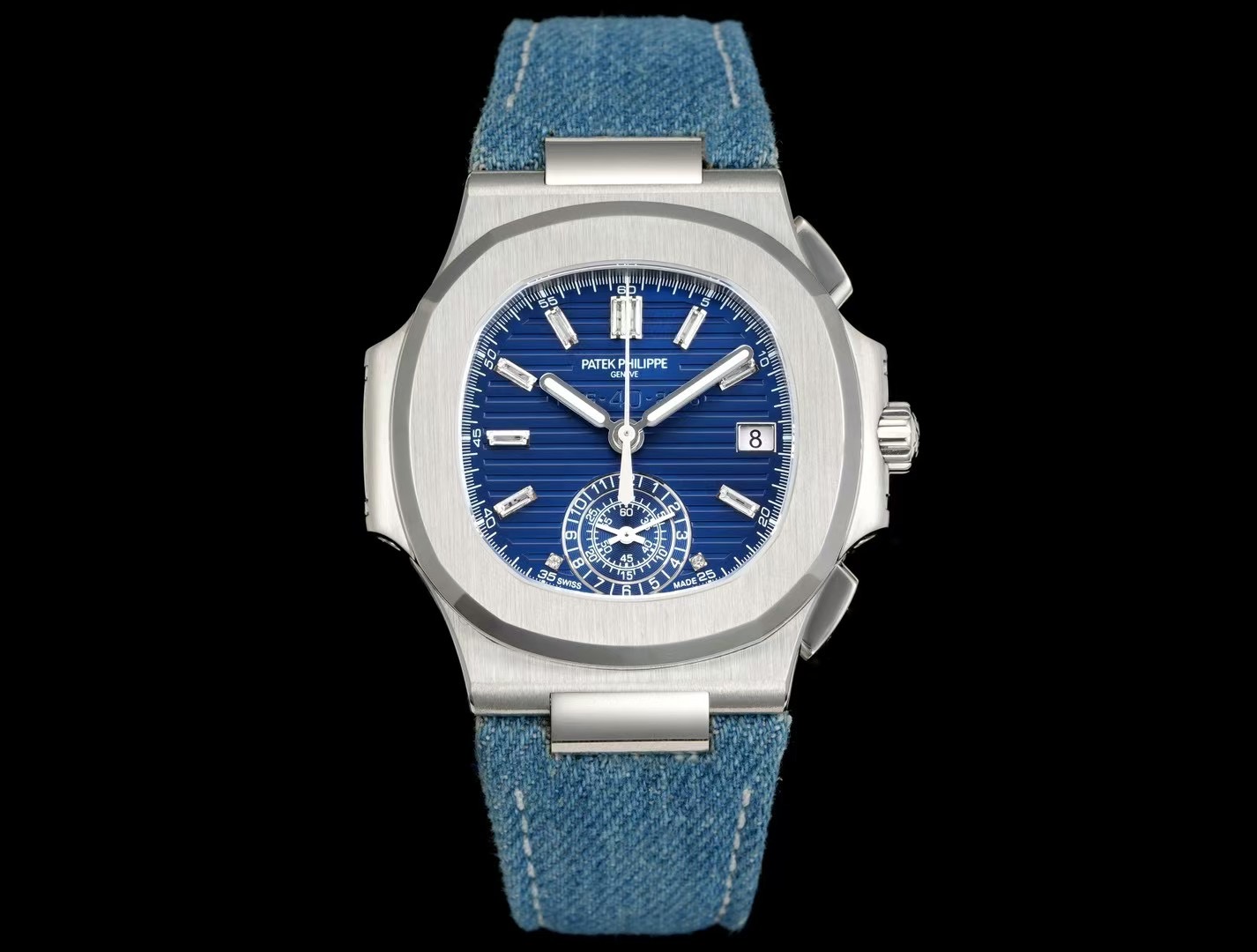 Patek Philippe Nautilus Blue Dial Stainless Steel Watch with Denim Strap, 40mm, Automatic Movement