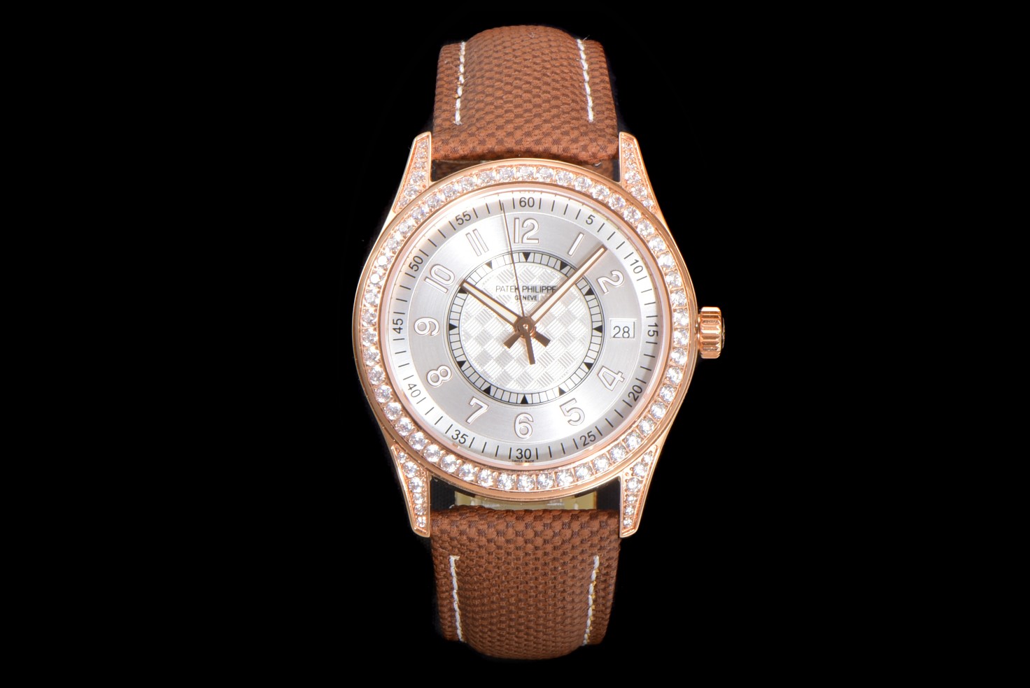 Patek Philippe Diamond - Bezel Silver Dial Brown Woven Strap Watch, 40mm, Automatic Movement