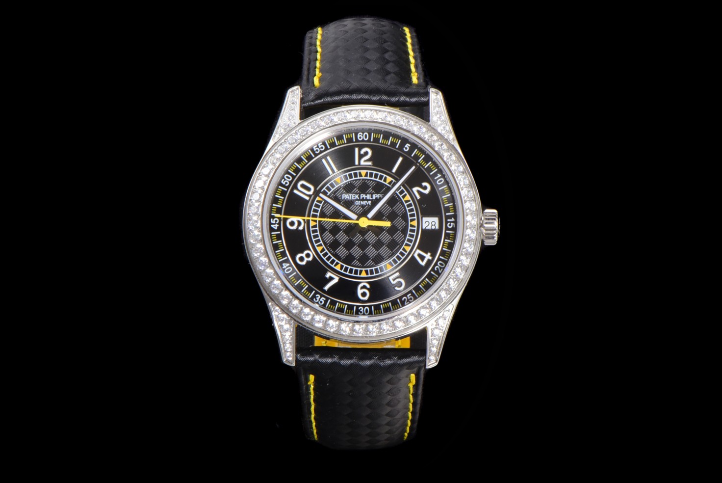 Patek Philippe Diamond - Bezel Black Dial Black & Yellow Strap Watch, 40mm, Automatic Movement