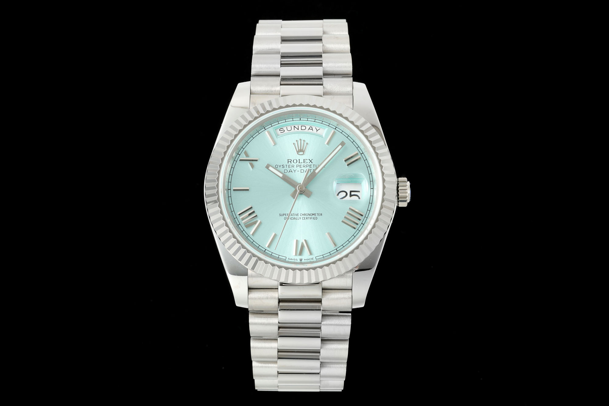 Rolex Oyster Perpetual Day - Date Tiffany Blue Roman - Numeral Dial 18K White Gold Watch, 40mm, Automatic Movement