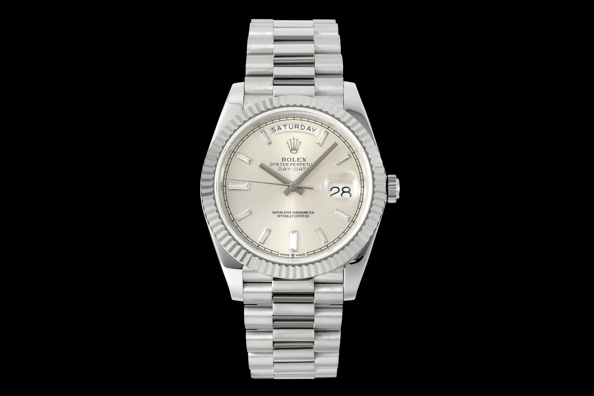 Rolex Oyster Perpetual Day - Date Silver Diamond - Marked Dial 18K White Gold Watch, 40mm, Automatic Movement