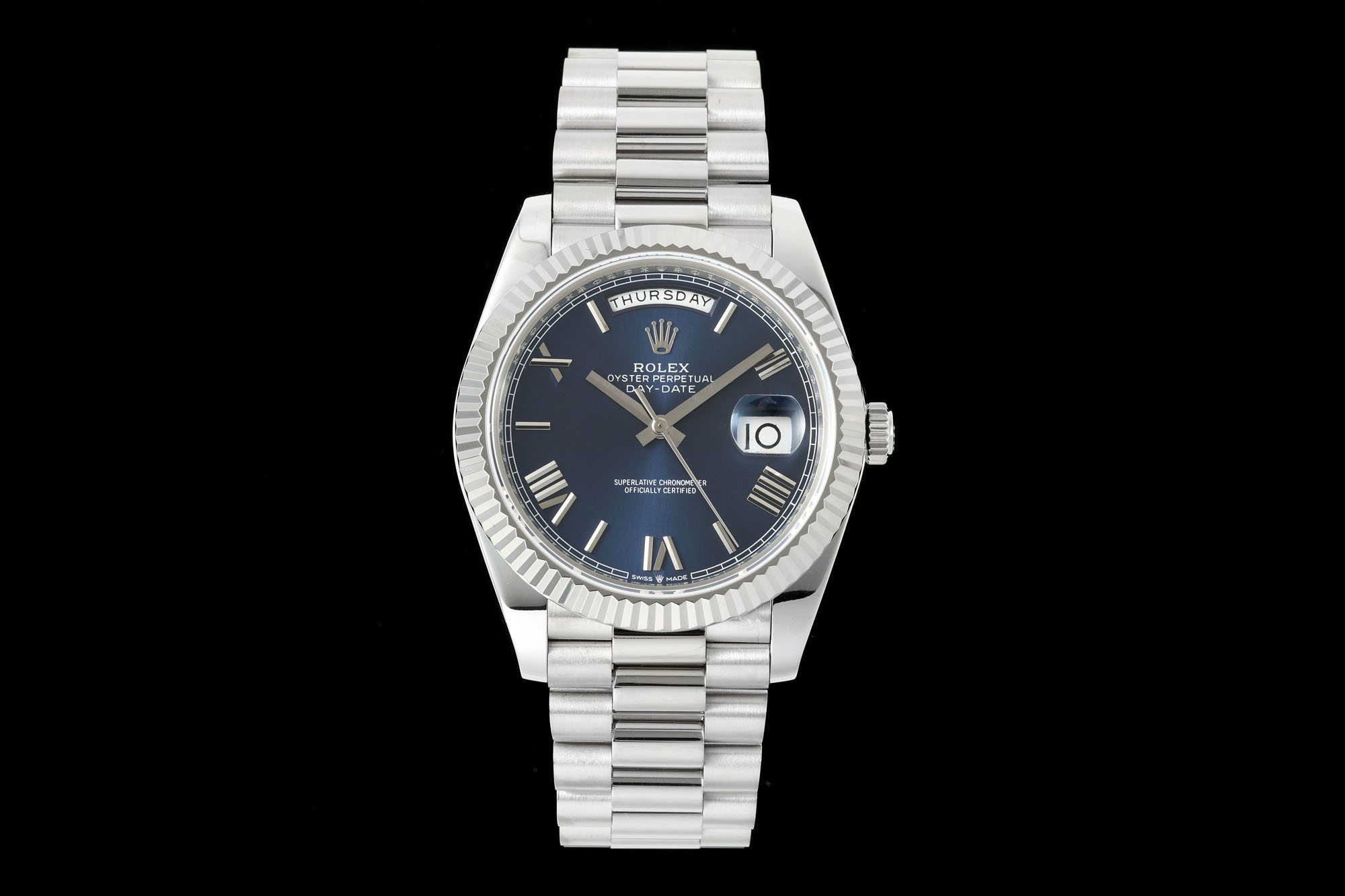 Rolex Oyster Perpetual Day - Date Blue Roman - Numeral Dial 18K White Gold Watch, 40mm, Automatic Movement