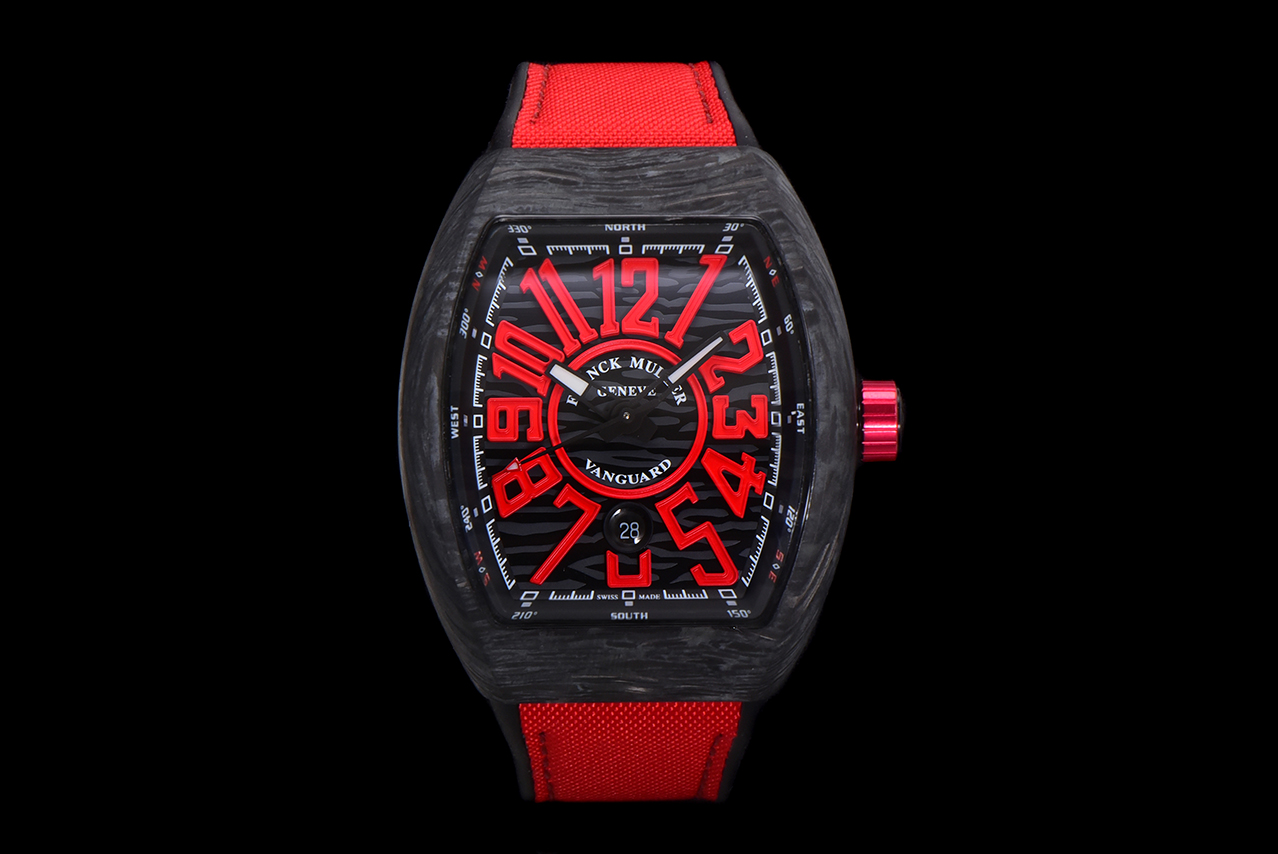 Franck Muller Vanguard Carbon - Case Red Numerals Tonneau Watch, 45mm, Automatic Movement