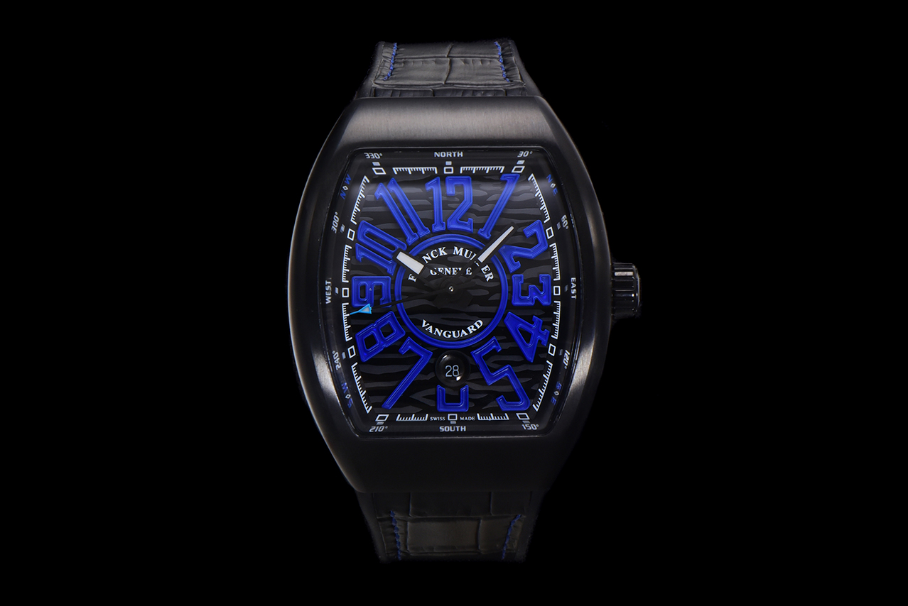 Franck Muller Vanguard Blue Numerals Black Dial Tonneau Watch, 45mm, Automatic Movement