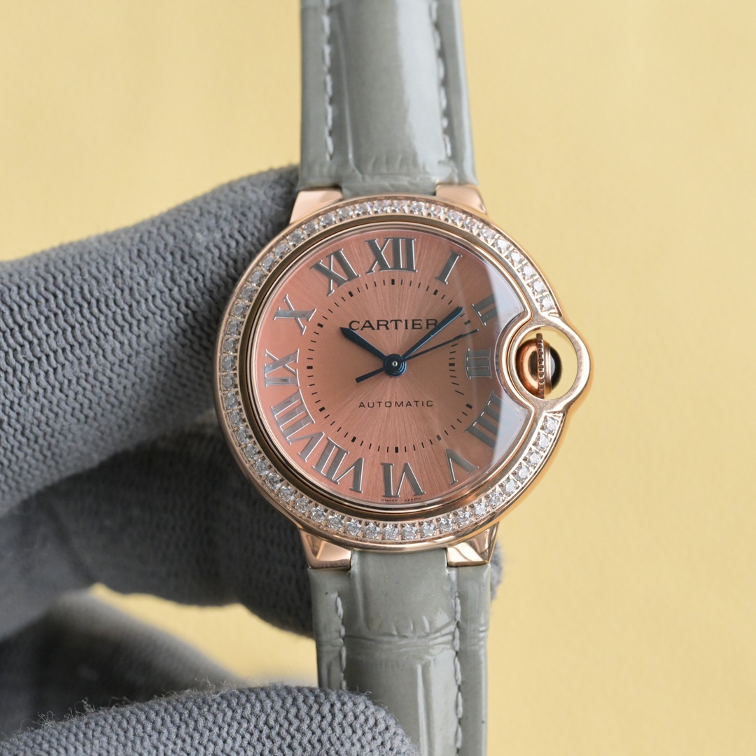 Cartier Ballon Bleu Pink Dial Diamond - Bezel 18K Rose Gold Watch, 33mm, Calibre 076 Movement
