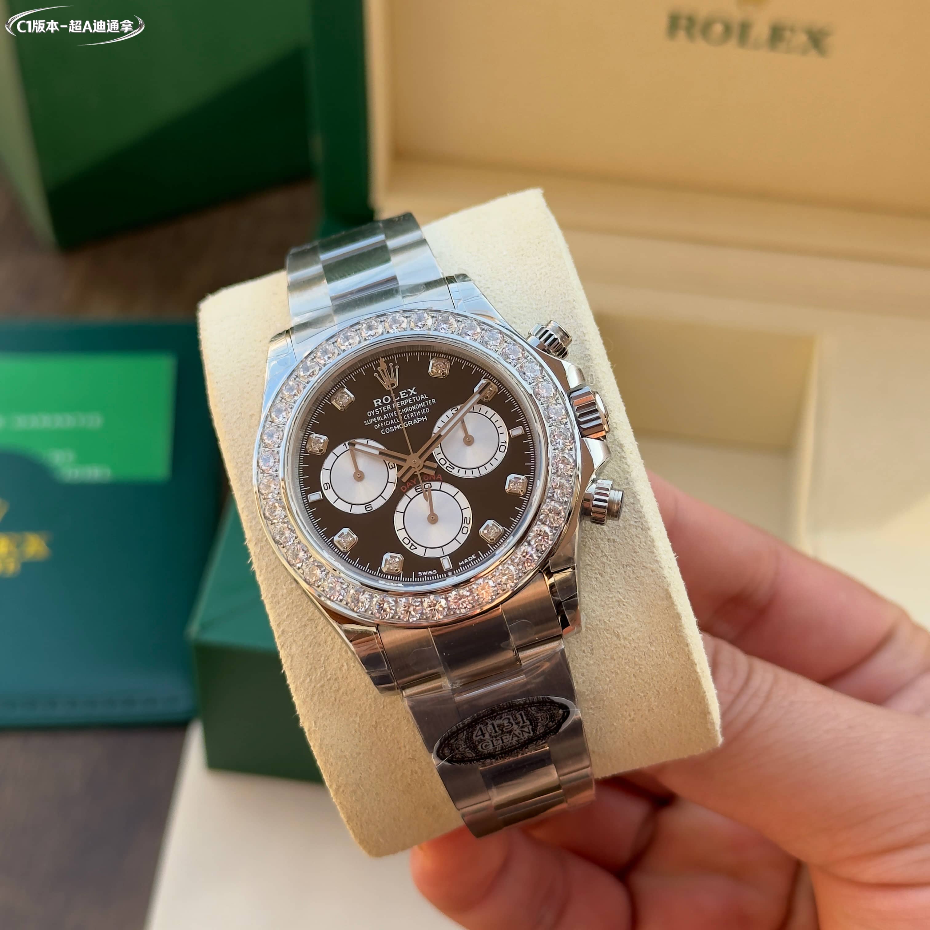 Rolex Daytona Brown Dial Diamond - Bezel Stainless Steel Chronograph Watch, 40mm, DanDong 4130 Movement