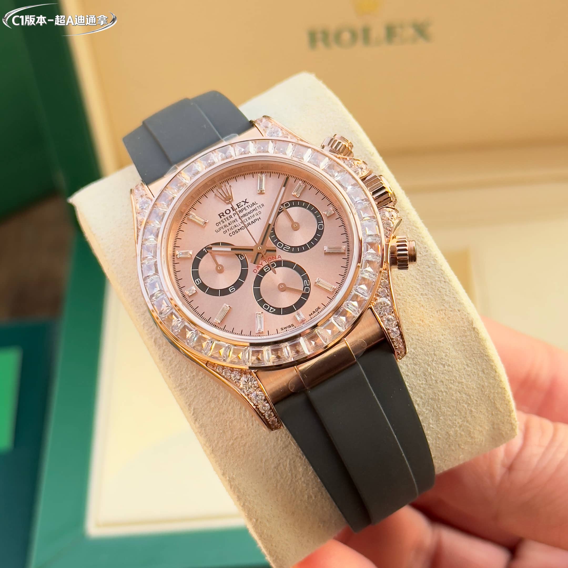 Rolex Daytona Pink Dial Baguette Diamond - Set 18K Rose Gold Watch, 40mm, Calibre 4130 Movement