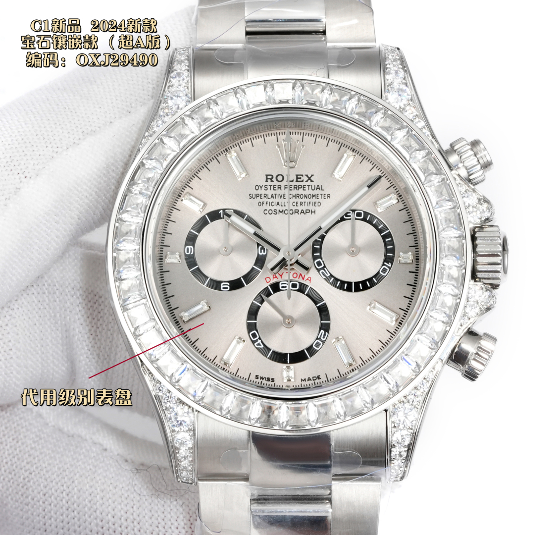 Rolex Daytona Silver Dial Baguette Diamond - Set Stainless Steel Watch, 40mm, Calibre 4130 Movement
