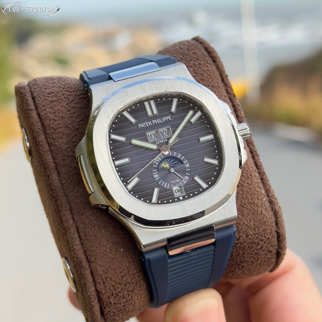 Patek Philippe Nautilus 5726/1A Dark Grey Dial Annual Calendar Moon Phase Blue Rubber Strap Watch, Calibre 324 S QA LU 24 H Movement