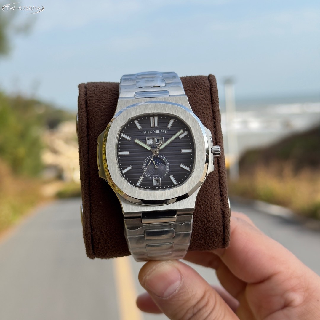Patek Philippe Nautilus 5726/1A Dark Grey Dial Annual Calendar Moon Phase Stainless Steel Bracelet Watch, Calibre 324 S QA LU 24 H Movement