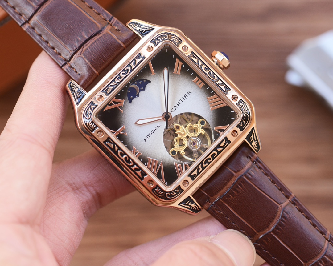 Cartier Custom Square Skeleton Tourbillon & Moon Phase Automatic Watch, Alligator Strap