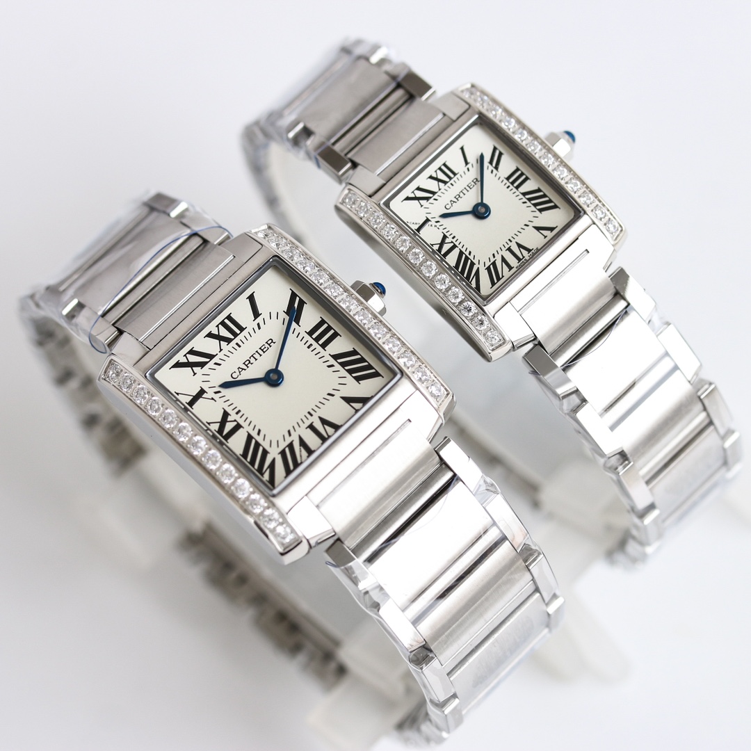 Cartier Tank Diamond - Set White Dial Stainless Steel Couple Watch, Quartz Movement