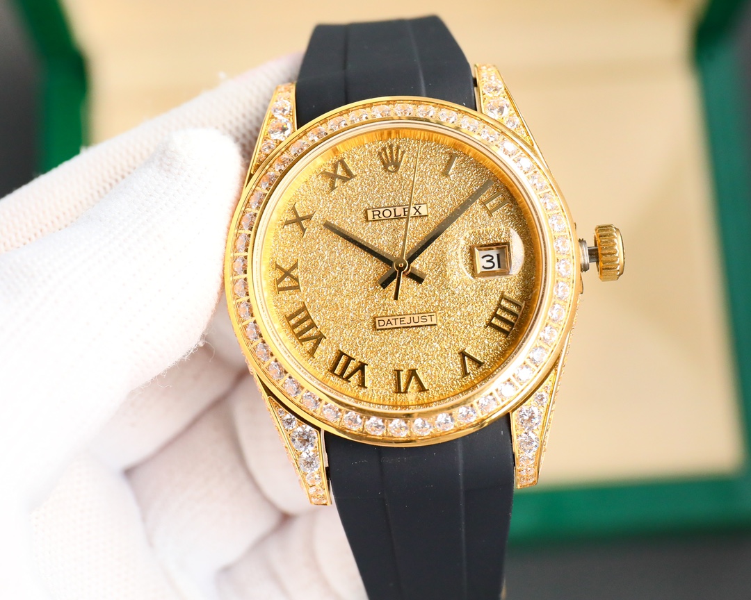 Rolex Datejust Custom Diamond - Set Gold Frosted Dial Rubber Strap Watch, Calibre 3235