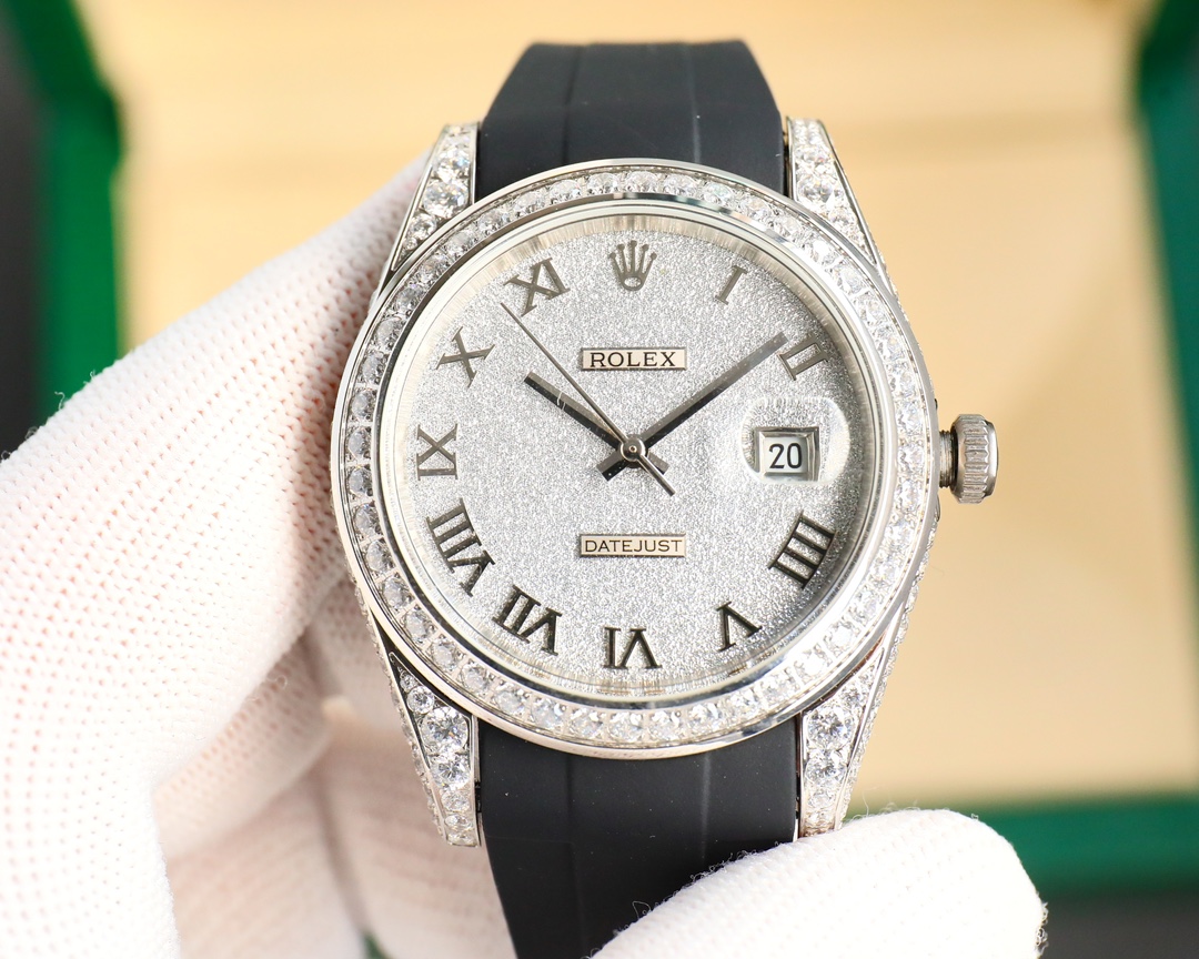 Rolex Datejust Custom Diamond - Set Silver Frosted Dial Rubber Strap Watch, Calibre 3235