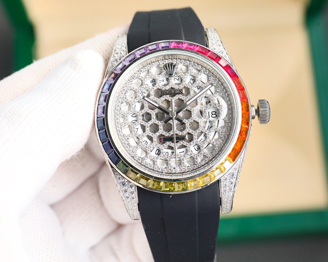 Rolex Custom Diamond - Encrusted Rainbow Gemstone Bezel Skeleton Dial Rubber Strap Watch, Calibre 3235