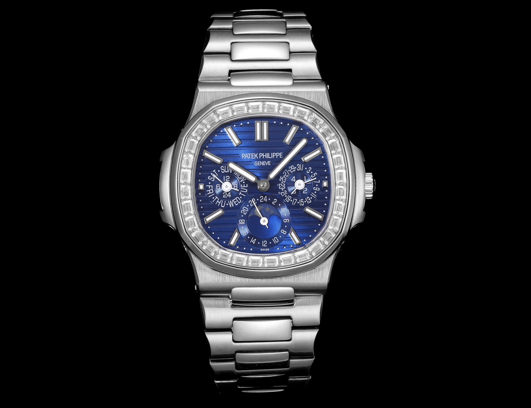 Patek Philippe Nautilus 40mm Diamond - Bezel Blue Textured Dial Perpetual Calendar Stainless Steel Watch, Calibre 240 Q