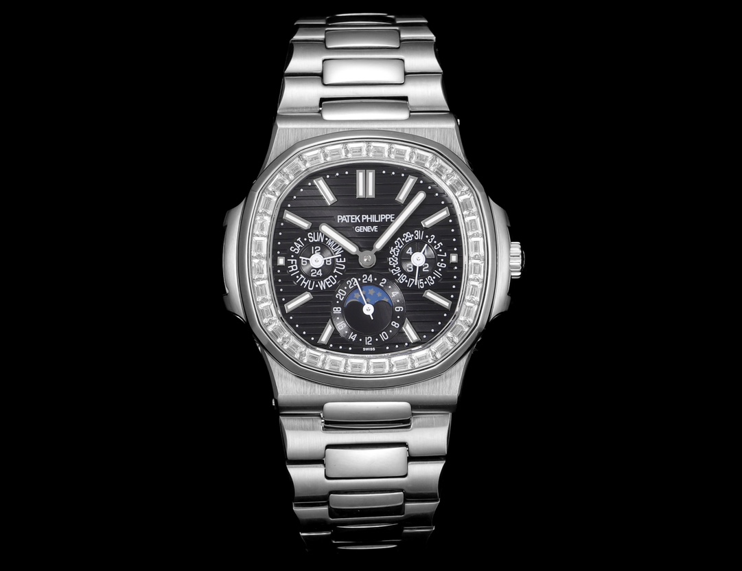 Patek Philippe Nautilus 40mm Diamond - Bezel Black Textured Dial Perpetual Calendar Stainless Steel Watch, Calibre 240 Q