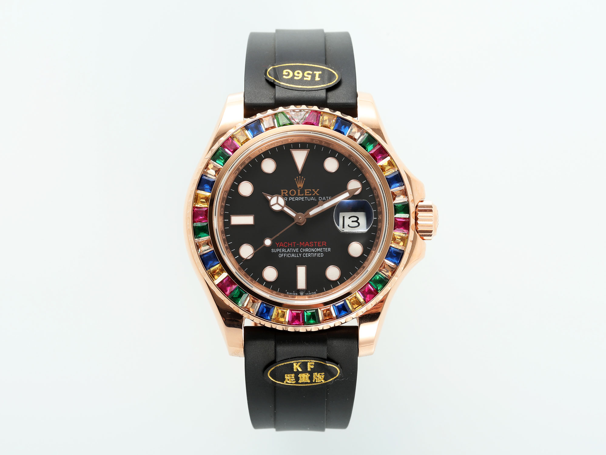 Rolex Yacht - Master 40mm Rainbow - Gemstone Bezel Black Dial 18K Rose Gold Watch, Calibre 3235