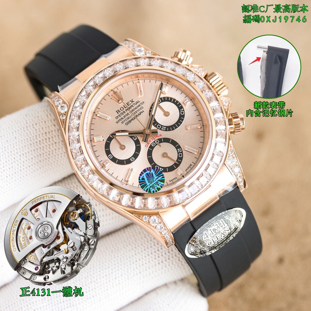 Rolex Cosmograph Daytona 40mm Pink - Diamond - Set Dial 18K Rose Gold & Rubber Strap Watch, Calibre 4131