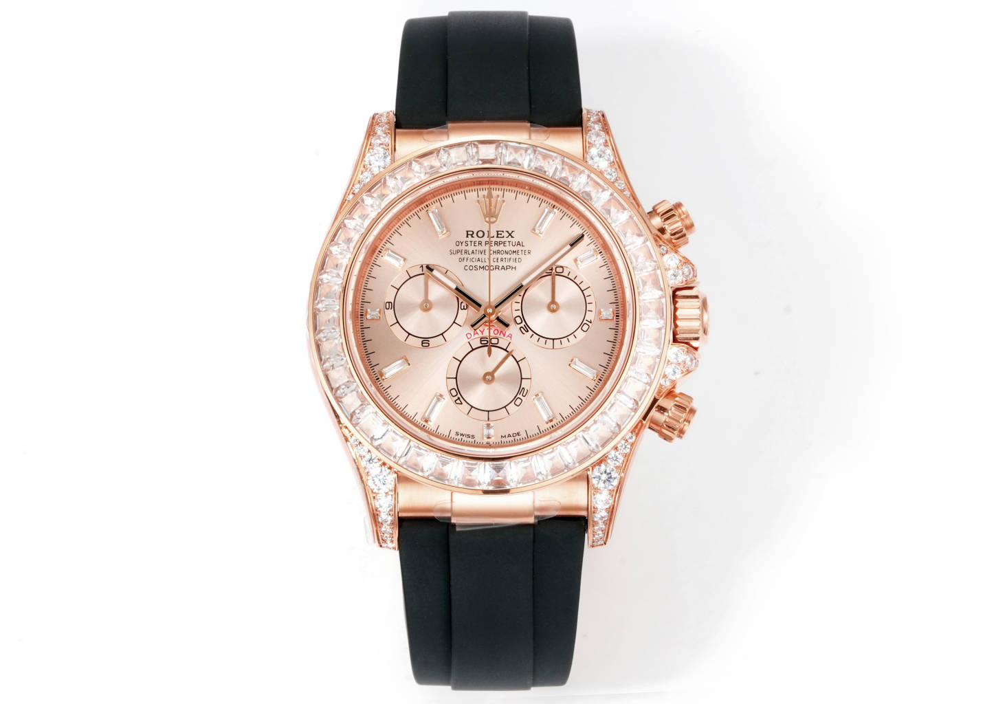Rolex Cosmograph Daytona 40mm Baguette - Diamond - Set 18K Rose Gold Rubber Strap Watch, Calibre 4130