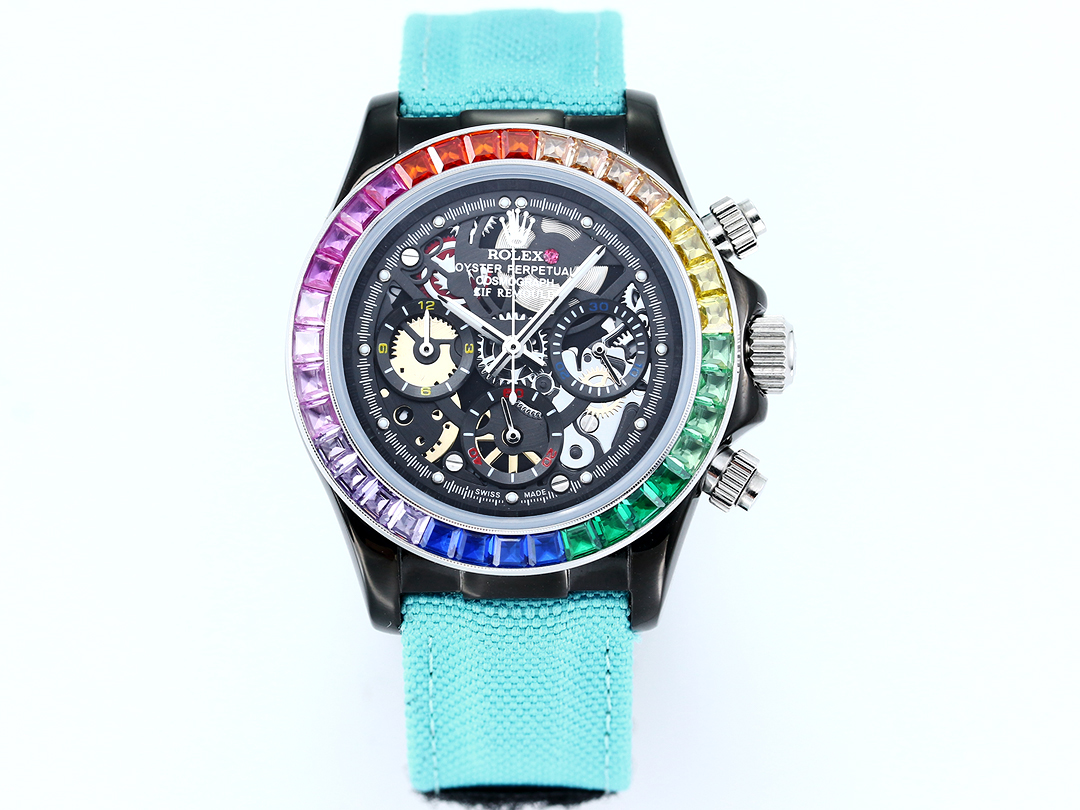 Rolex Oyster Perpetual Cosmograph Daytona Custom Skeleton Dial Watch with Rainbow Gemstone Bezel (Black Case, Tiffany - Blue Fabric Strap)