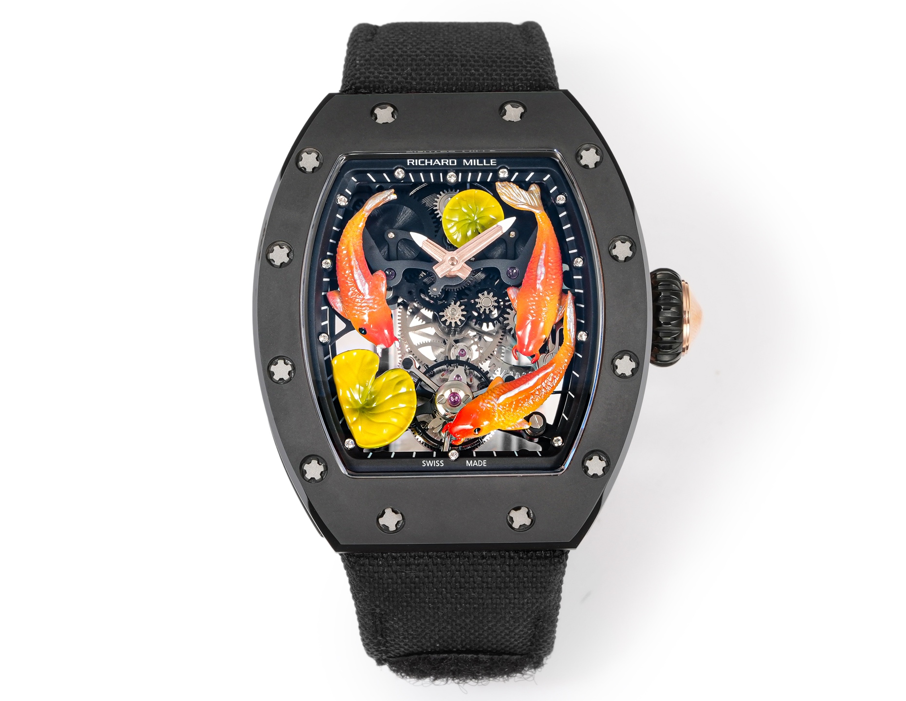 Richard Mille RM 57-01 Koi Fish & Lotus Tourbillon Watch (Black Ceramic Case, Black Fabric Strap)