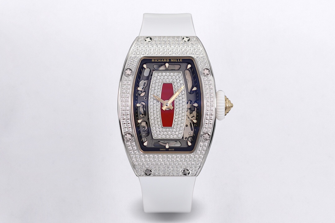 Richard Mille RM 07-01 Diamond - Set White Gold Watch (White Rubber Strap)