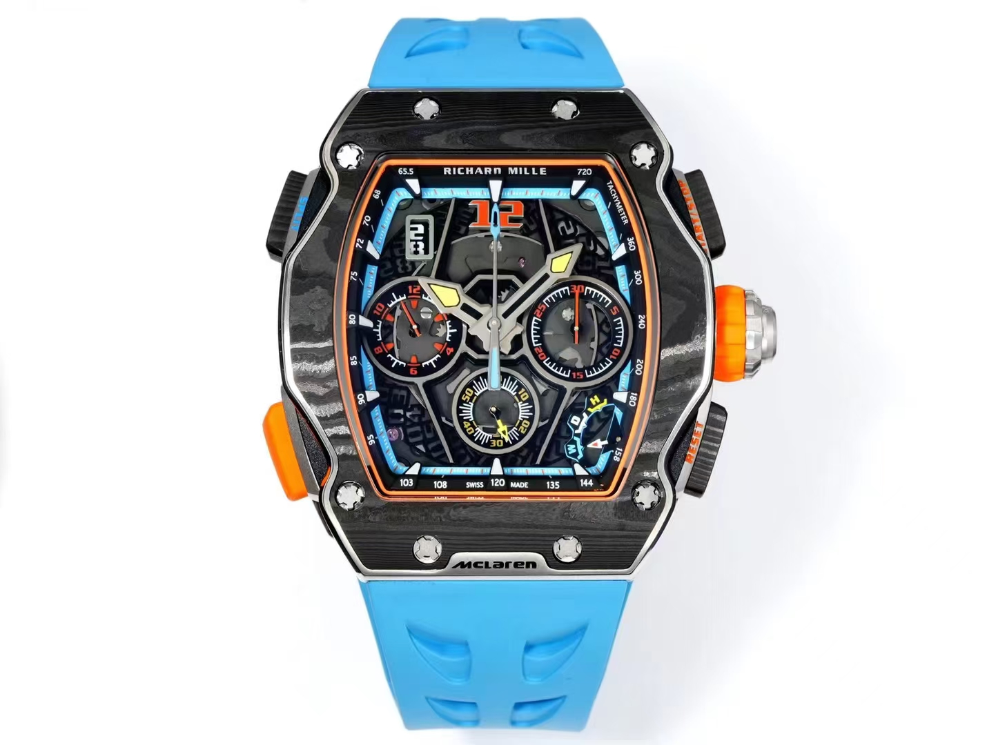 Richard Mille RM 65-01 McLaren Chronograph Watch (Carbon TPT Case, Blue Rubber Strap)