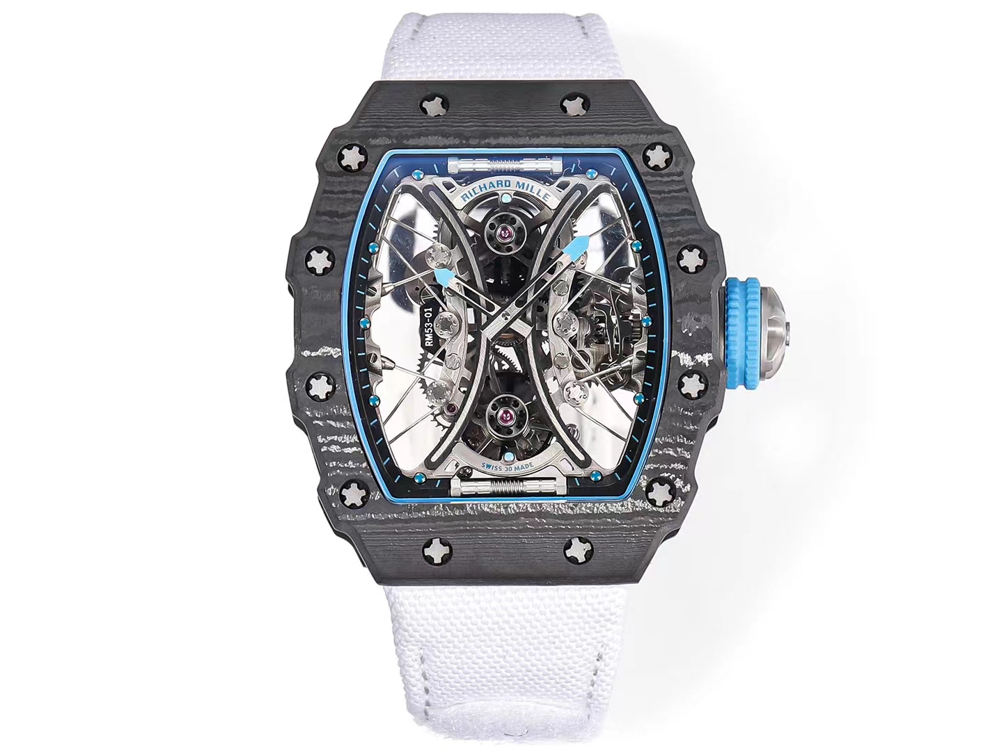 Richard Mille RM 53-01 Pablo Mac Donough Tourbillon Watch (Black NTPT Carbon Case, White Fabric Strap)