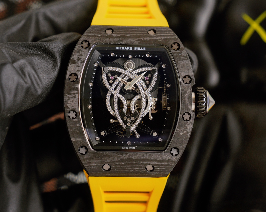 Richard Mille RM Diamond - Set Skeleton Watch (Black NTPT Carbon Case, Yellow Rubber Strap)