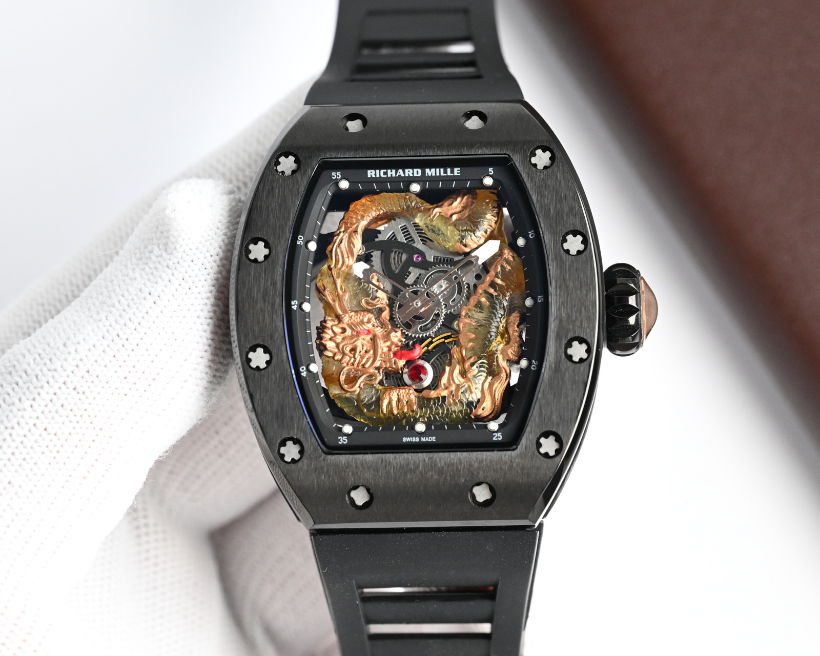 Richard Mille RM 57-03 Tourbillon Watch (Black Ceramic Case, Black Rubber Strap, Gold Dragon Engraving)