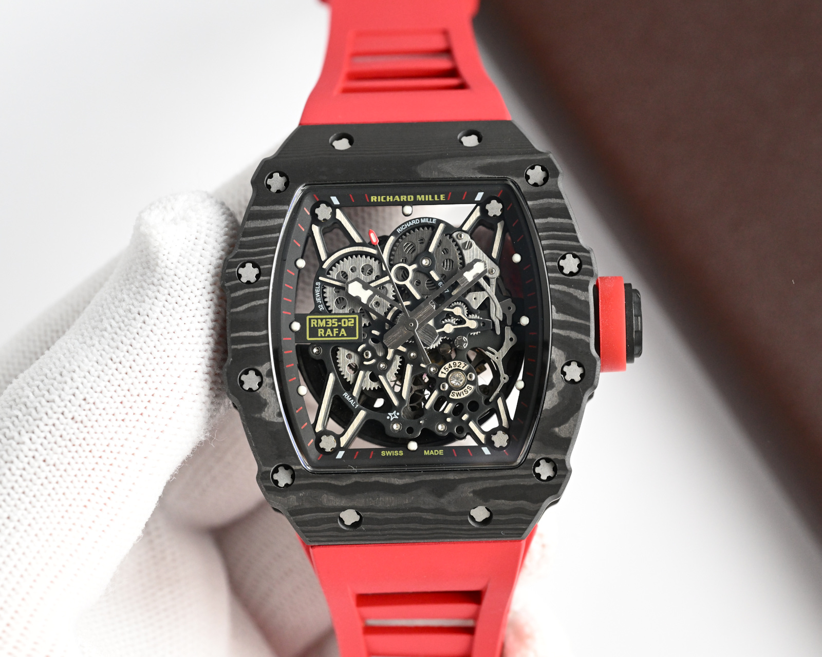 Richard Mille RM 35-02 Automatic Watch (Black NTPT Carbon Case, Red Rubber Strap, Red Crown, Rafael Nadal Collaboration)