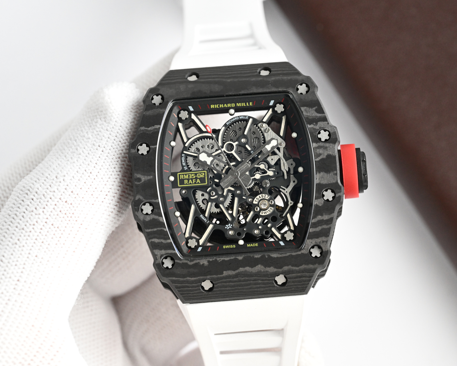 Richard Mille RM 35-02 Automatic Watch (Black NTPT Carbon Case, White Rubber Strap, Red Crown, Rafael Nadal Collaboration)