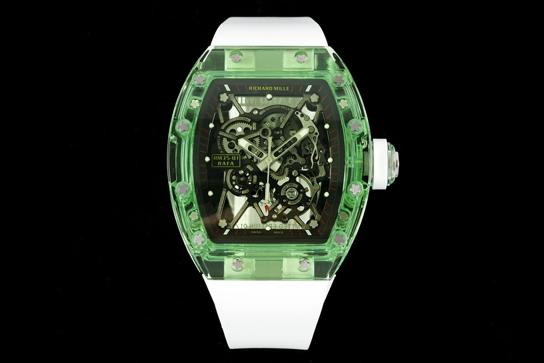 Richard Mille RM 35-01 Automatic Watch (Green Transparent Sapphire Composite Case, White Rubber Strap, Limited Edition 01/10, Rafael Nadal Collaboration)