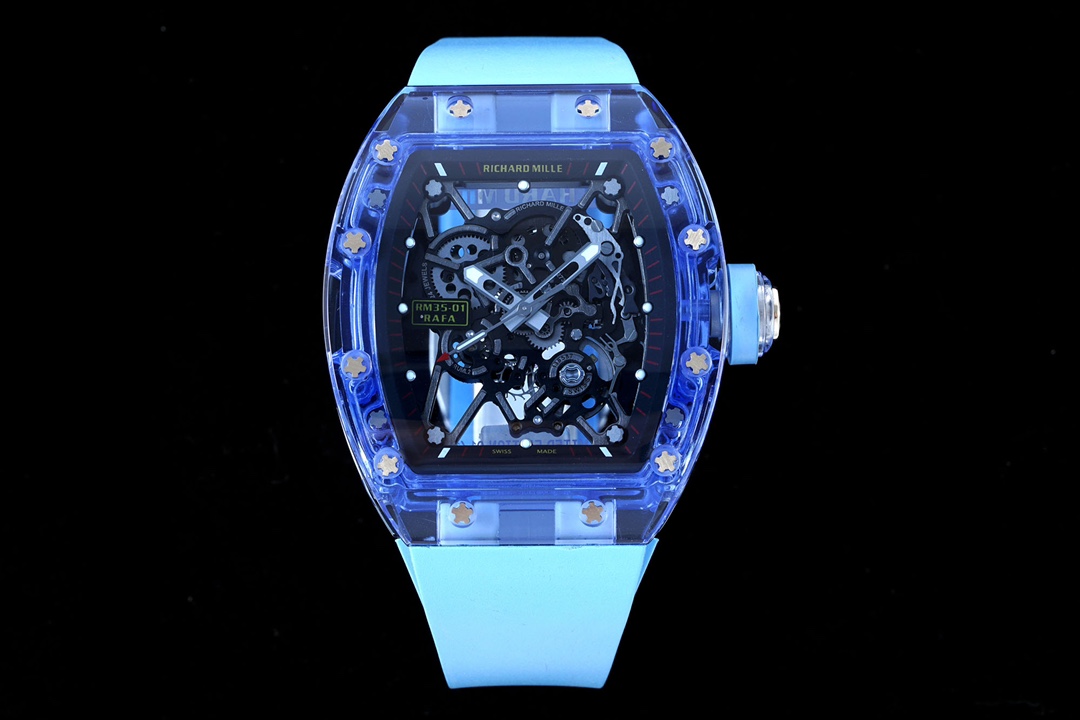 Richard Mille RM 35-01 Automatic Watch (Transparent Sapphire Composite Case, Light Blue Rubber Strap, Limited Edition 01/10, Rafael Nadal Collaboration)