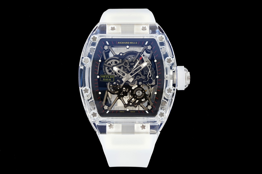 Richard Mille RM 35-01 Automatic Watch (Transparent Sapphire Composite Case, White Rubber Strap, Limited Edition 01/10)