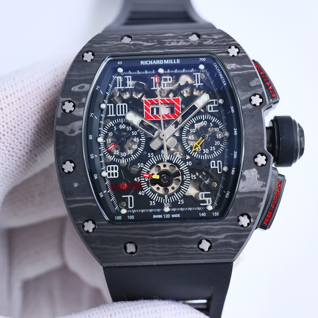 Richard Mille RM 11-03 Automatic Chronograph Watch (Black NTPT Carbon Case, Black Rubber Strap)