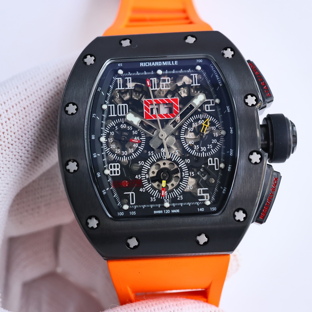 Richard Mille RM 11-03 Automatic Chronograph Watch (Black Ceramic Case, Orange Rubber Strap)