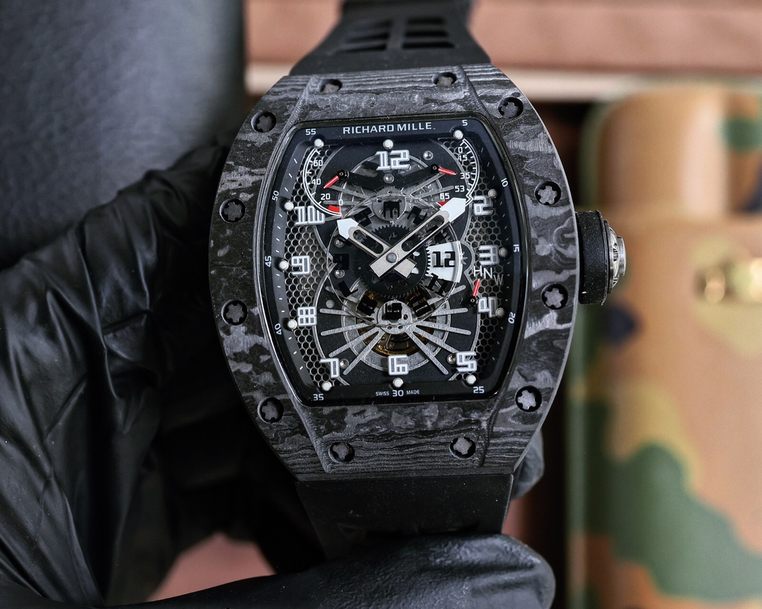 Richard Mille RM 022 Automatic Chronograph Watch (Black NTPT Carbon Case, Black Rubber Strap)