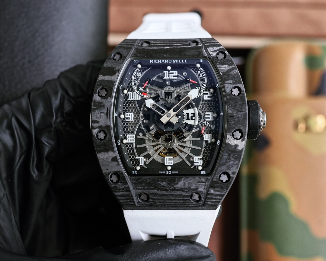 Richard Mille RM 022 Automatic Chronograph Watch (Black NTPT Carbon Case, White Rubber Strap)
