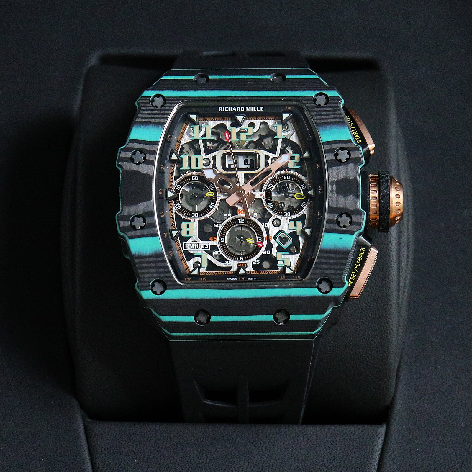 Richard Mille RM 11-03 Automatic Chronograph Watch (NTPT Carbon Case with Turquoise Accents, Black Rubber Strap)