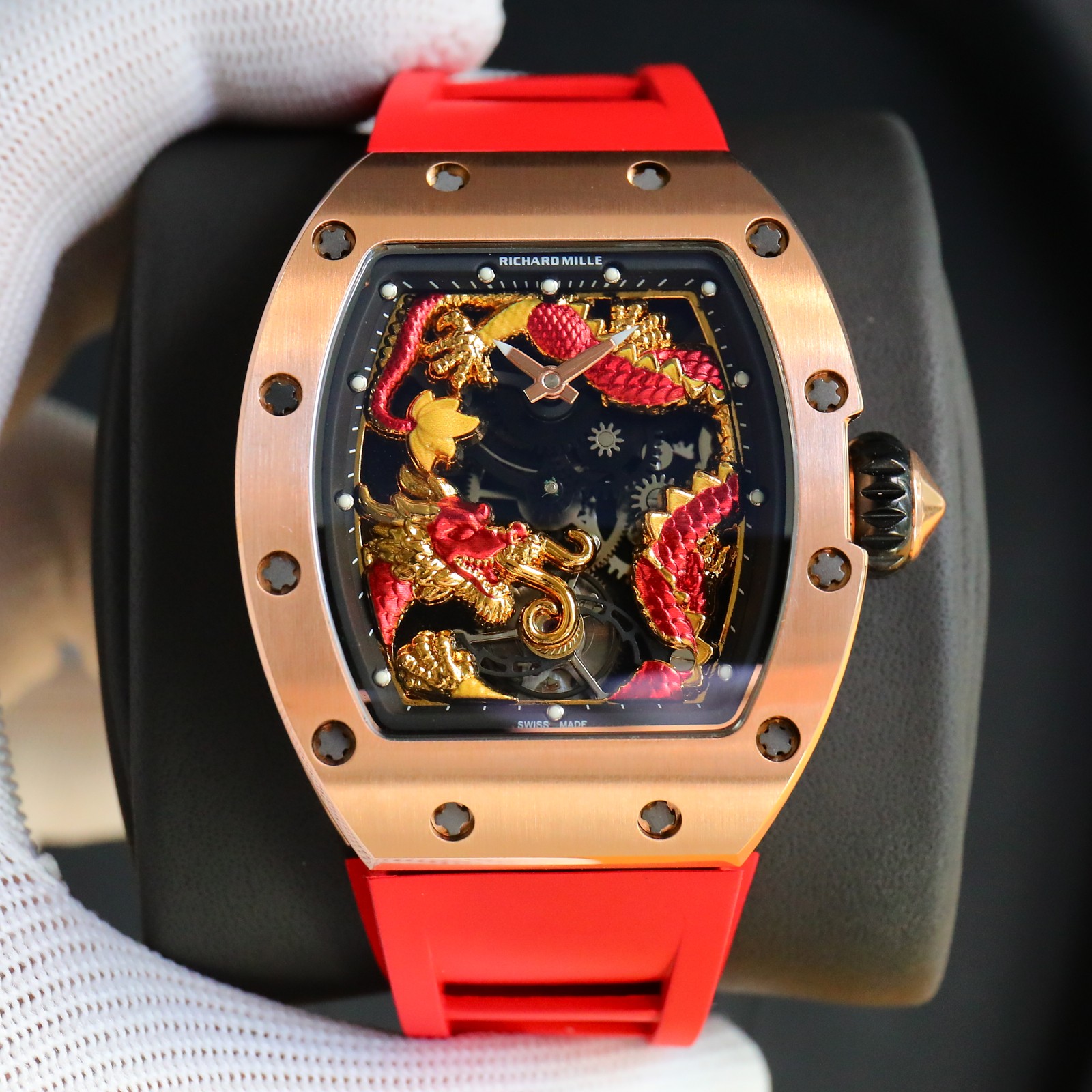 Richard Mille RM057 Dragon - Themed Skeleton Automatic Watch (18K Rose Gold Case, Red Rubber Strap)